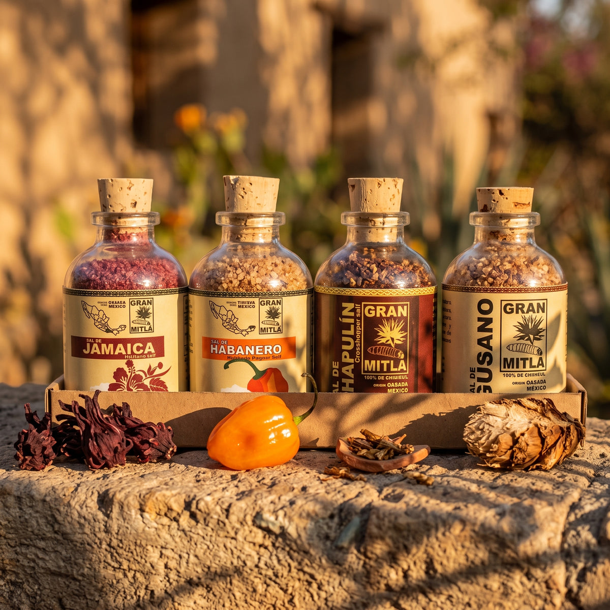 Four glass spice bottles with cork stoppers from Gran Mitla are arranged on a stone surface outdoors. The bottles contain colorful dried spices and are labeled Jamaica, Habanero, Chapulín, and Susano.