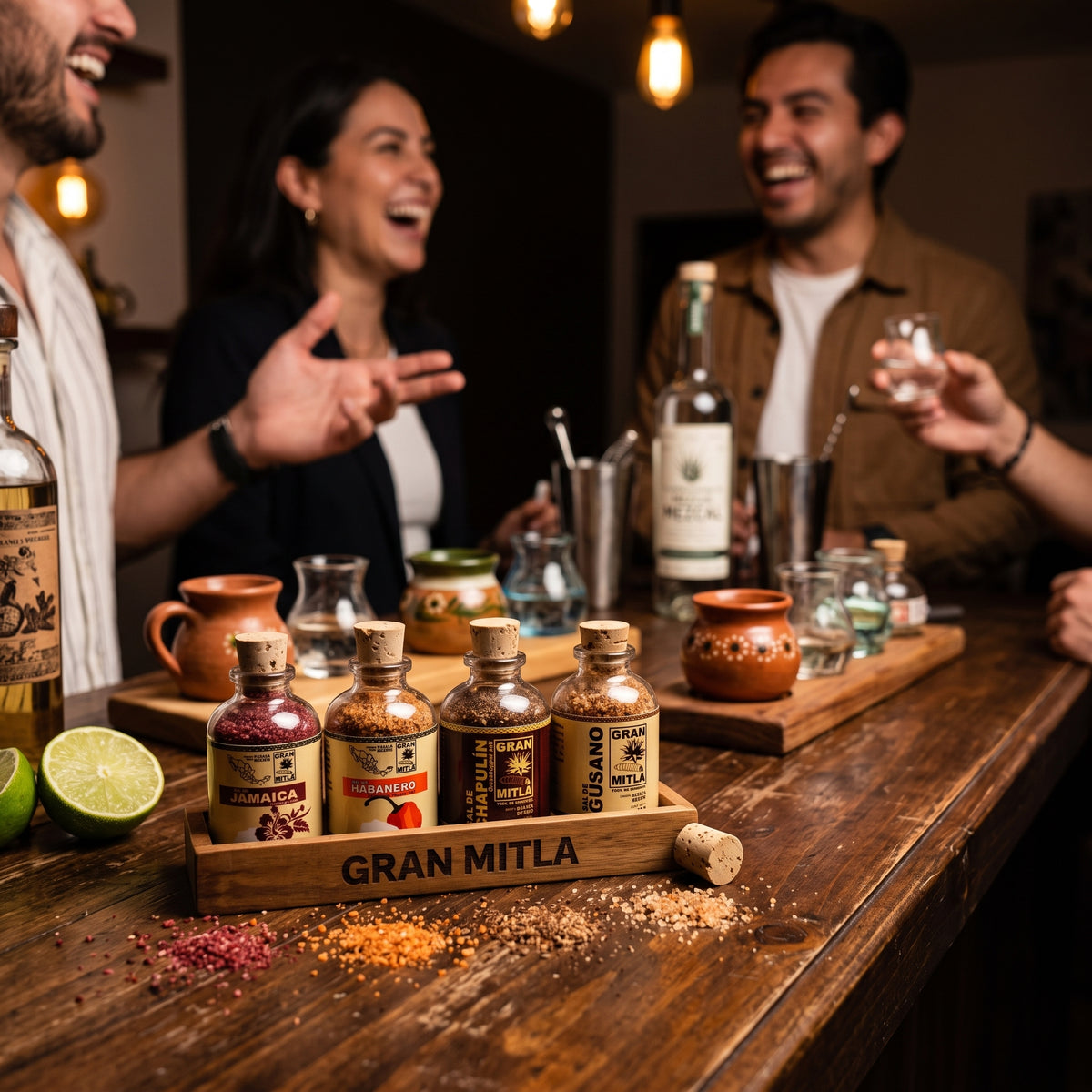 A group of people laughing around a rustic wooden bar counter, with several small bottles of Gran Mitla spices and herbs arranged in a branded wooden tray. The scene is warmly lit by hanging Edison bulbs, with limes, mixing tools, and other ingredients visible on the counter.