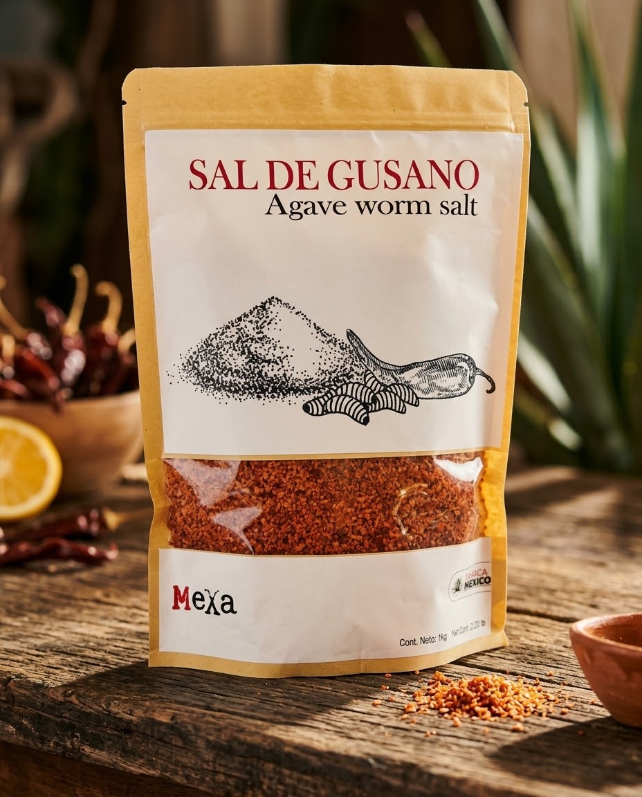 A stand-up pouch of Mexa Sal de Gusano (Agave worm salt) displayed on a rustic wooden table with chili peppers, a lemon slice, and green plants in the background.