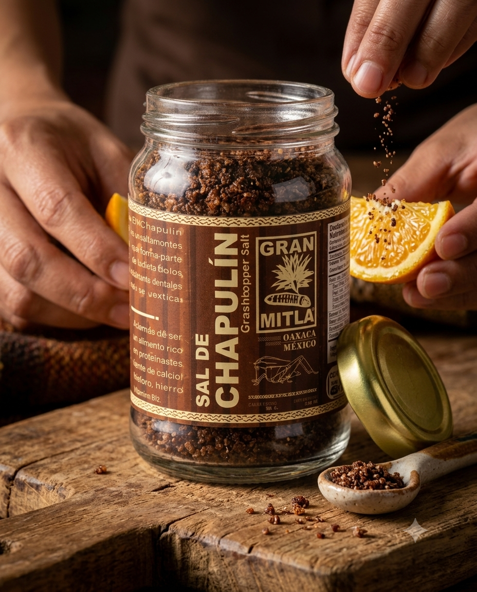 A glass jar of Gran Mitla Sal de Chapulín grasshopper salt sits on a rustic wooden cutting board, with hands sprinkling salt from an orange peel over the jar.