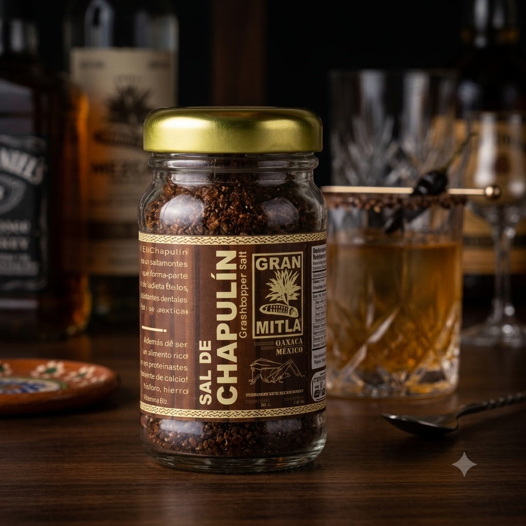 A glass jar of Sal de Chapulín (pepper) with a gold lid and a brown label, set on a wooden bar table with whiskey glasses and bottles in the background.