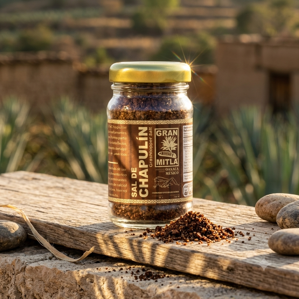 A glass jar of Sal de Chapulín Gran Milla spice blend with a gold lid and brown label, set on a rustic wooden board outdoors with agave plants and clay structures in the background.