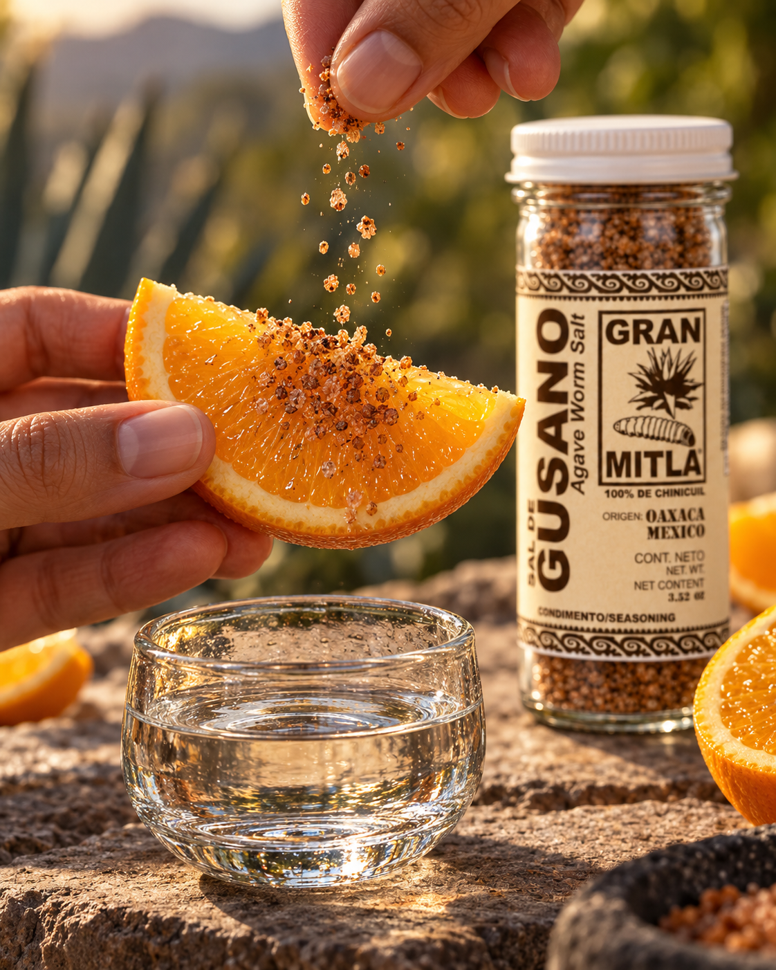 A jar of Gran Mitla Agave Worm Salt seasoning is shown next to a glass bowl of clear liquid and a hand holding a fresh orange slice, with another hand sprinkling the seasoning over the orange slice.