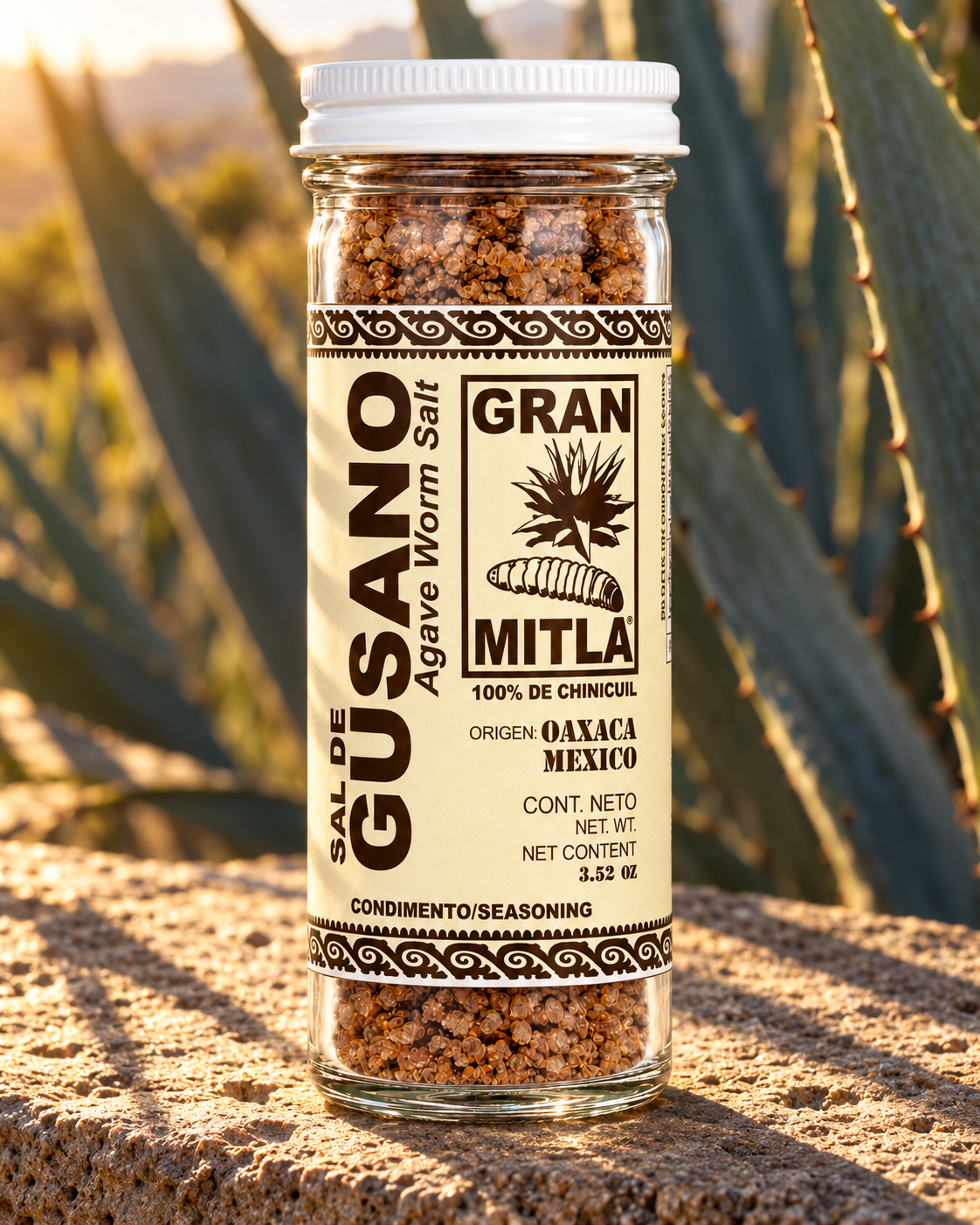 A clear glass jar of Gran Mitla Agave Worm Salt seasoning, filled with brown salt crystals, standing on a stone surface outdoors with agave plants in the background.