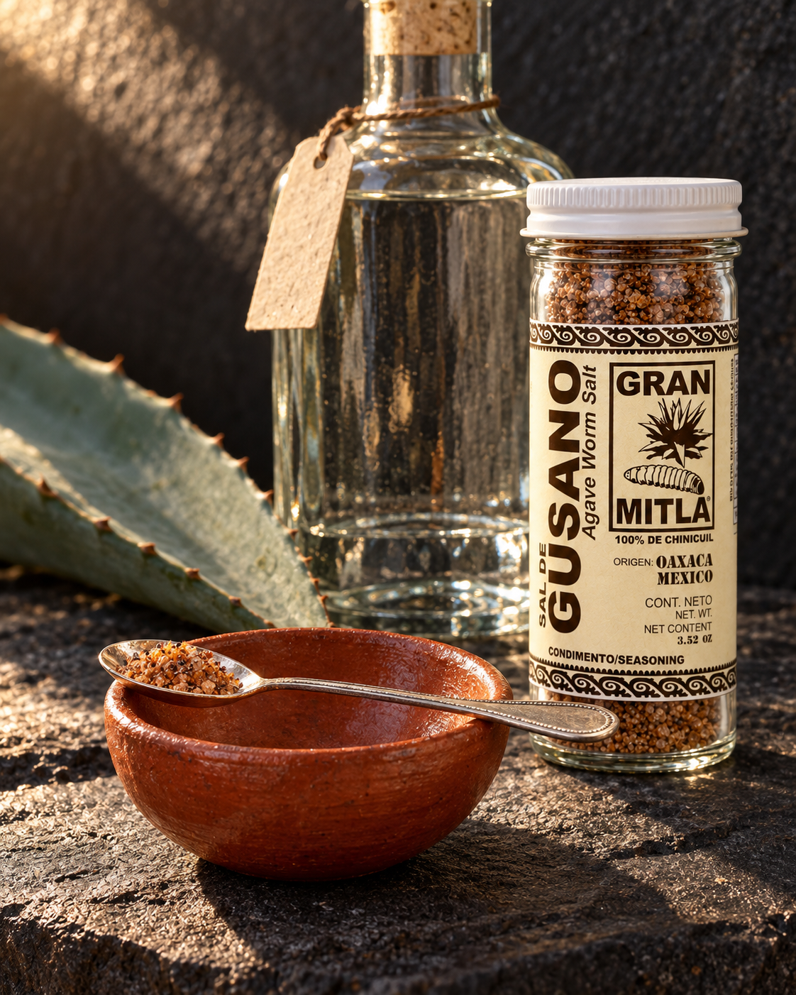 A jar of Gusano Agave Worm Salt seasoning next to a glass bottle and a small terracotta bowl with a spoon, set on a rustic stone surface with natural sunlight and shadows.