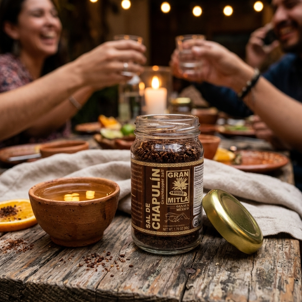 A jar of Gran Milto Sal de Chapulin coffee sits on a rustic wooden table at a dinner table, with people holding glasses in the background. A small clay bowl with a yellow drink and a gold lid are also on the table.