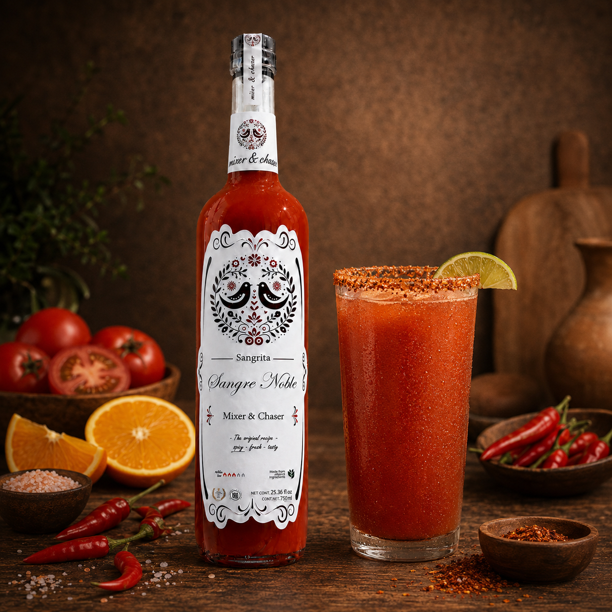 A bottle of Sangrita hot chili sauce stands next to a tall glass of the red sauce, styled on a rustic wooden table with tomatoes, oranges, chili peppers, and spices.