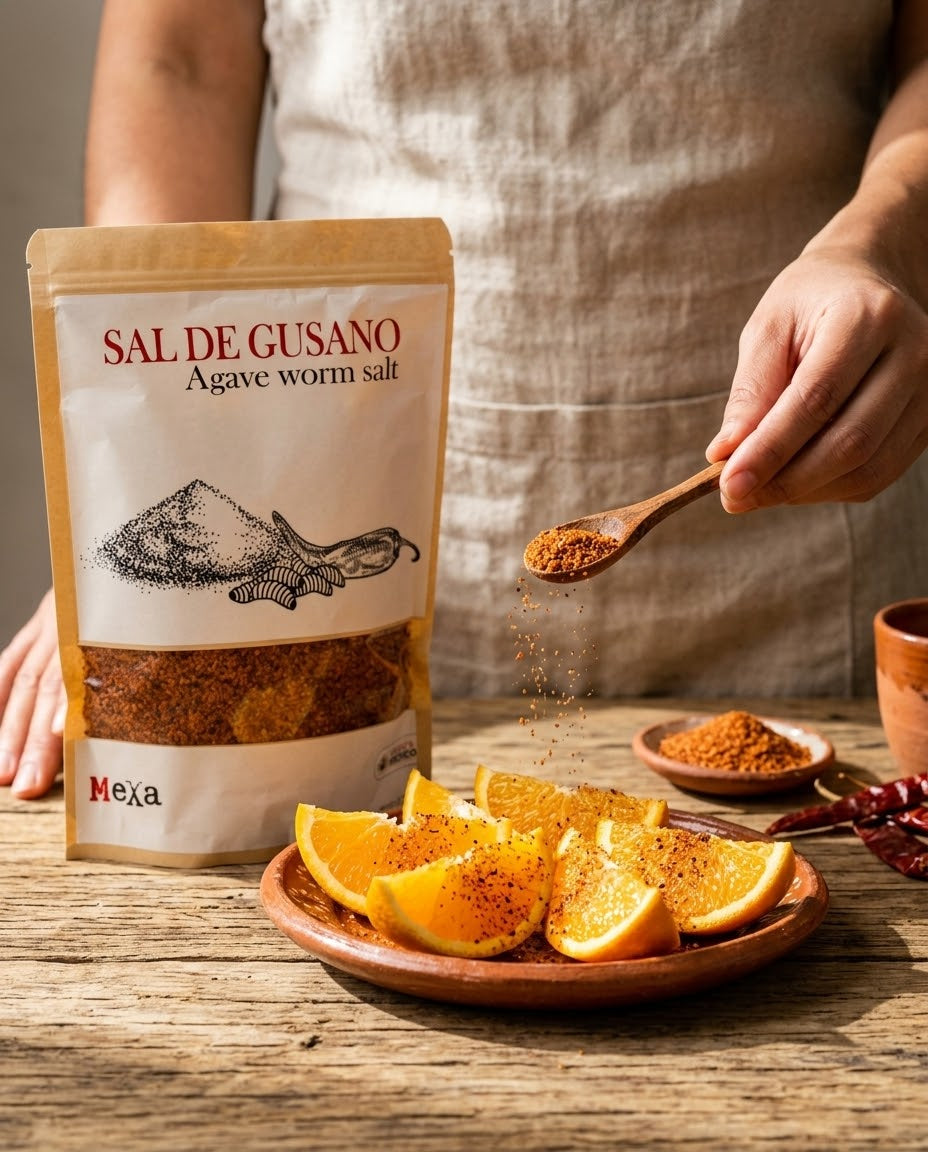 A person in a beige linen apron stands behind a wooden table, holding a wooden spoon with orange-red seasoning above a plate of sliced oranges. To the left is a stand-up pouch labeled 'SAL DE GUSANO Agave worm salt' with the brand 'Meya' visible near the bottom.